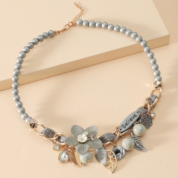 

Flower Decor Beaded Necklace, Grey