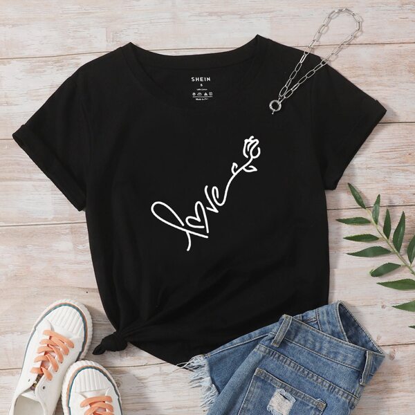 

Letter And Heart Print Tee, Black