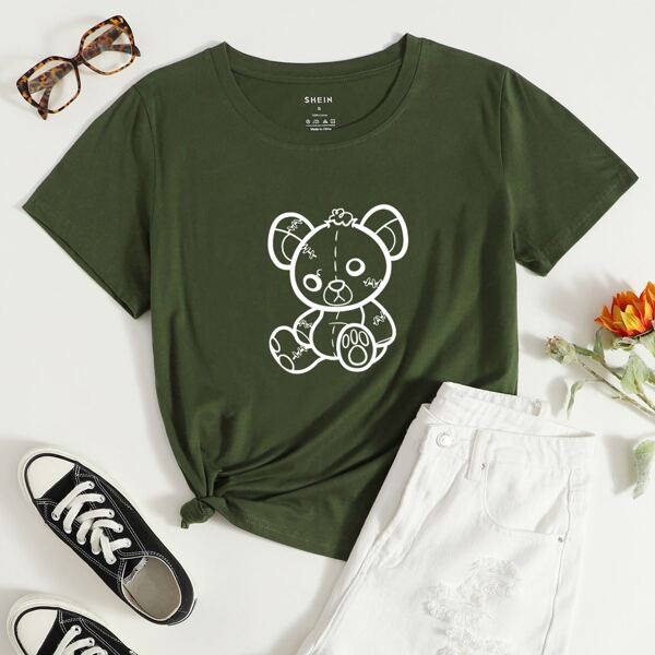 

Cartoon Bear Print Tee, Army green