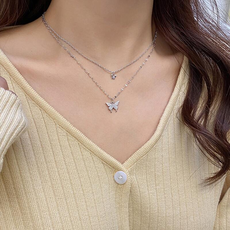 

1pc Butterfly Pendant Layered Chain Necklace, Silver