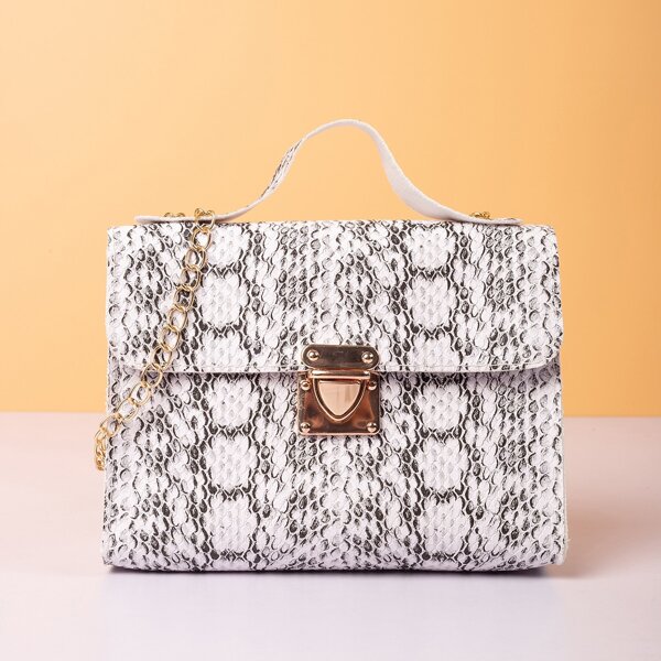 

Snakeskin Push Lock Satchel Bag, Black and white