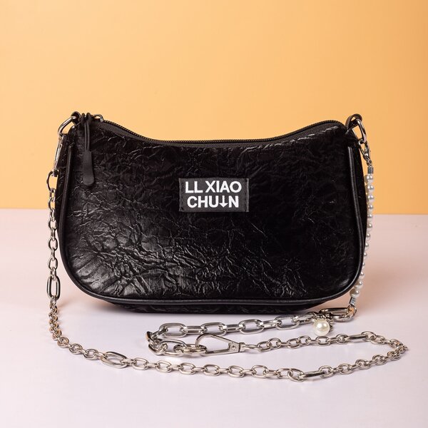 

Letter Patch Chain Crossbody Bag, Black