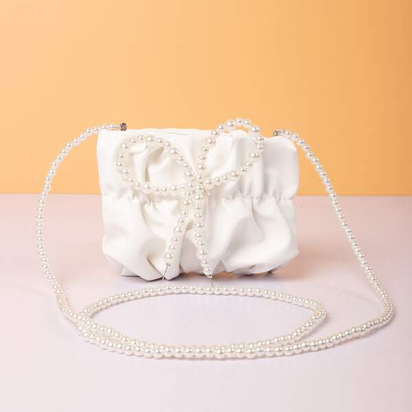 

Faux Pearl Decor Ruched Bag, White