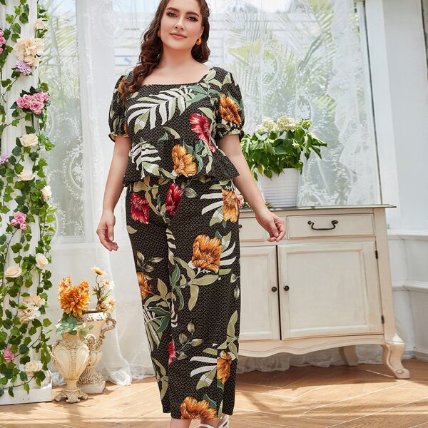 

Plus Plants Print Smock Top & Wide Leg Pants, Black