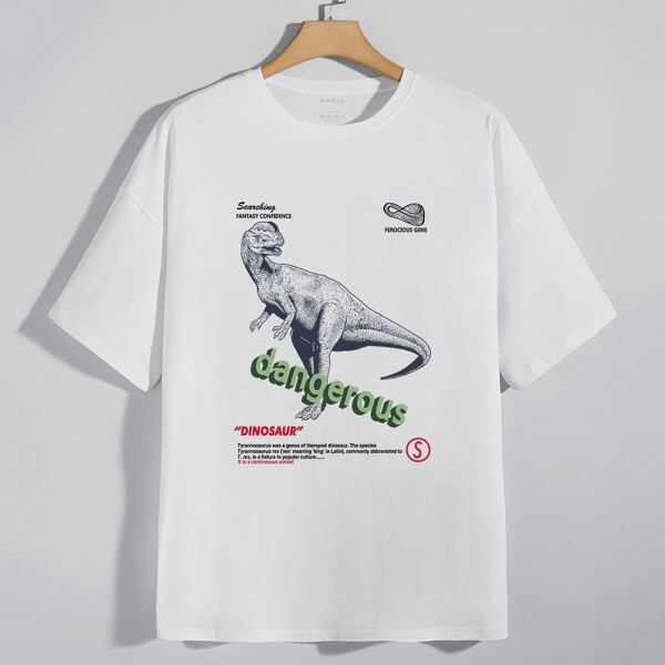 

Men Dinosaur And Letter Graphic Drop Shoulder Tee, White