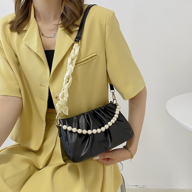 

Faux Pearl Decor Ruched Design Shoulder Bag, Black