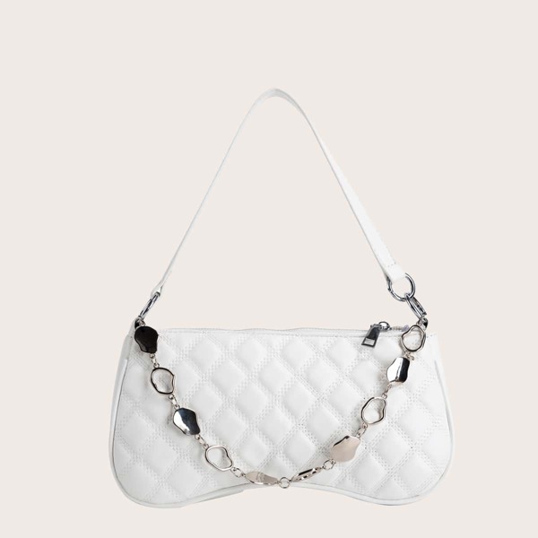 

Chain Decor Quilted Baguette Bag, White