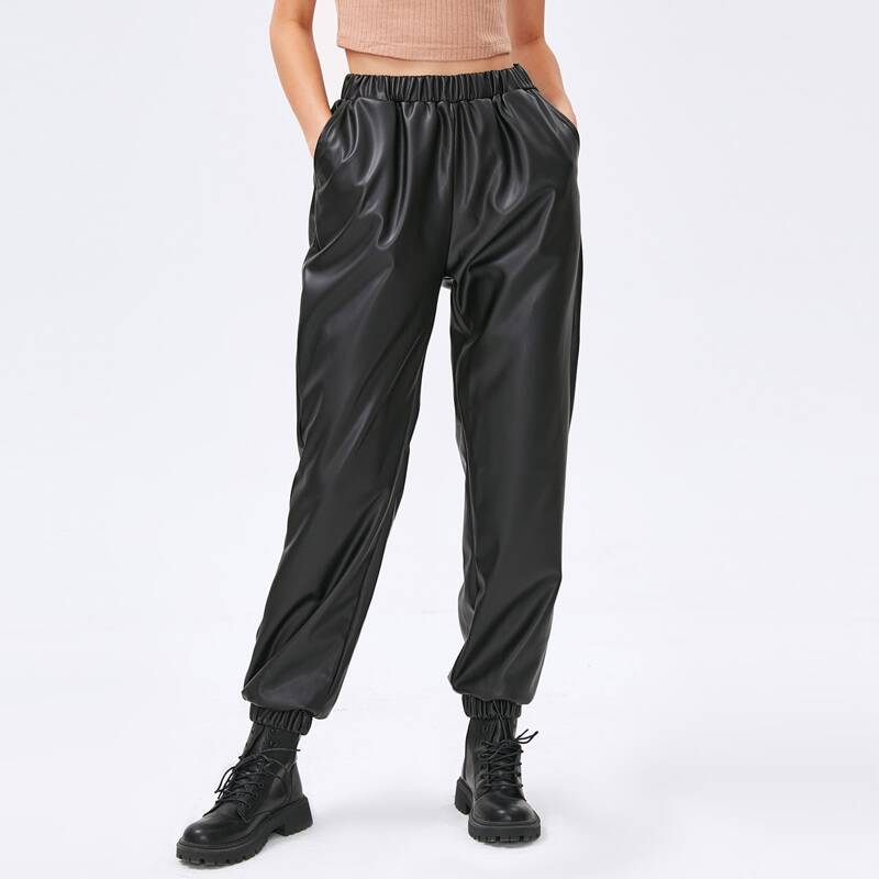 

Solid PU Track Pants, Black