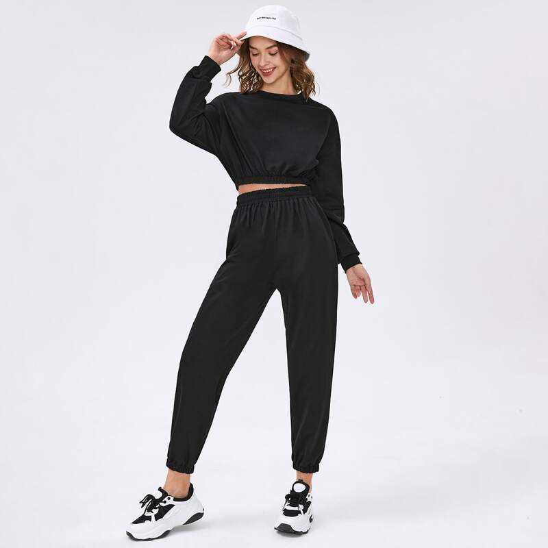 

Solid Elastic Waist Sweatshirt & Sweatpants Set, Black