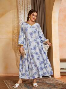 Mulvari Plus Floral Print Contrast Binding Dress - Multicolor - View 1