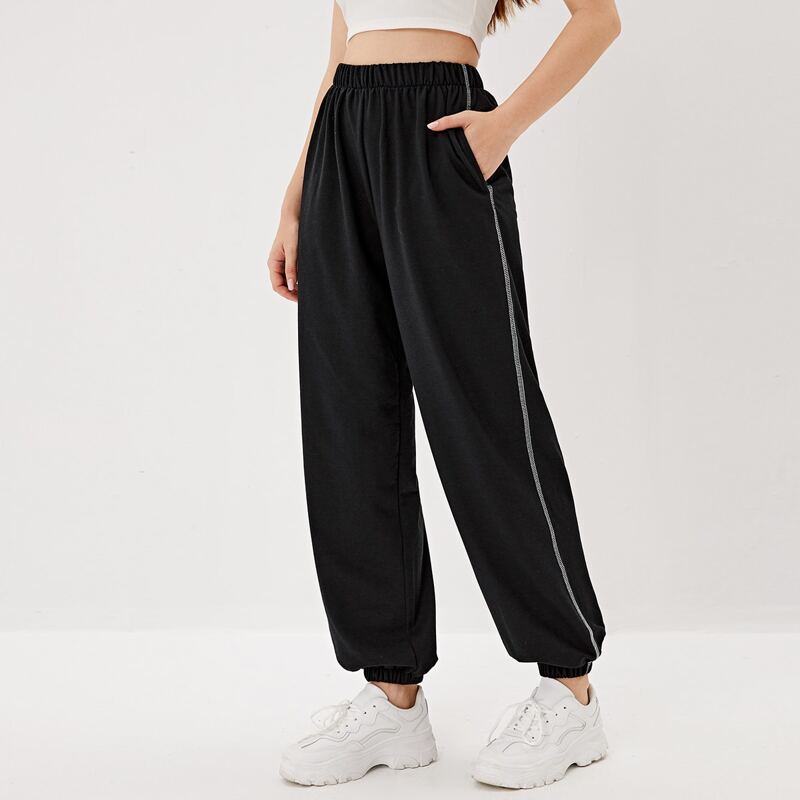 

Solid Stitch Trim Sweatpants, Black