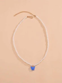 Butterfly Charm Faux Pearl Beaded Necklace - White - View 2