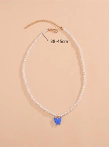 Butterfly Charm Faux Pearl Beaded Necklace - White - View 3