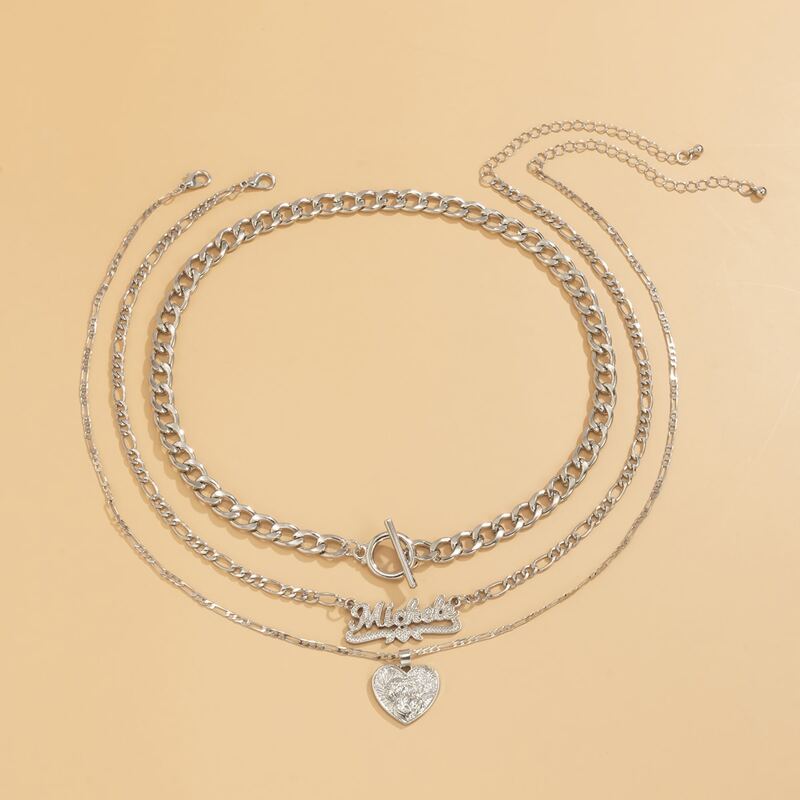

3pcs Heart Pendant Chain Necklace, Silver