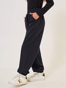 SHEIN Girls Elastic Waist Joggers - Black - View 5