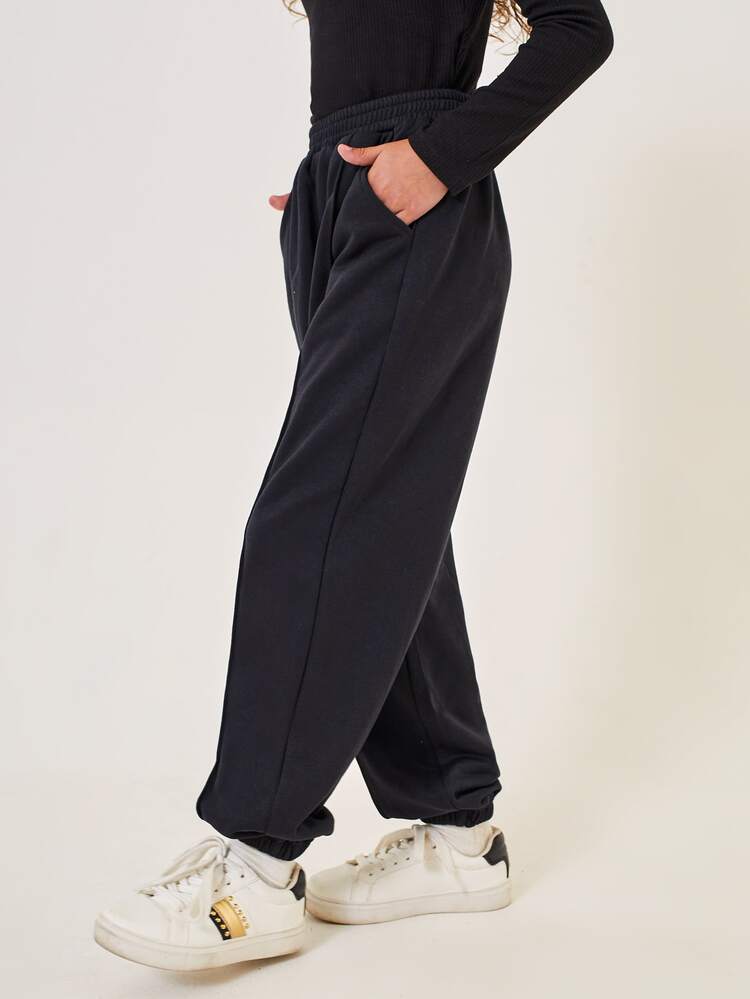 SHEIN 女孩彈性腰帶束腳褲 - 黑色 - 查看 5