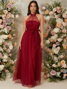 SHEIN Belle Burgundy Red Self Belted Mesh Maxi Bridesmaid Dress - Burgundy - View 1