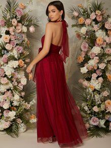 SHEIN Belle Burgundy Red Self Belted Mesh Maxi Bridesmaid Dress - Burgundy - View 2