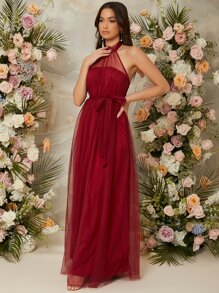 SHEIN Belle Burgundy Red Self Belted Mesh Maxi Bridesmaid Dress - Burgundy - View 3