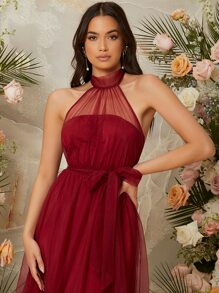 SHEIN Belle Burgundy Red Self Belted Mesh Maxi Bridesmaid Dress - Burgundy - View 4