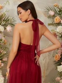 SHEIN Belle Burgundy Red Self Belted Mesh Maxi Bridesmaid Dress - Burgundy - View 5