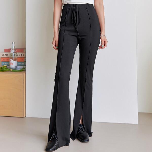 

Seam Detail Knot Front Split Hem Flare Leg Pants, Black