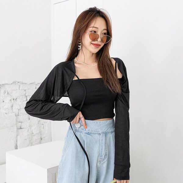 

Solid Tie Front Crop Top With Cami Top, Black