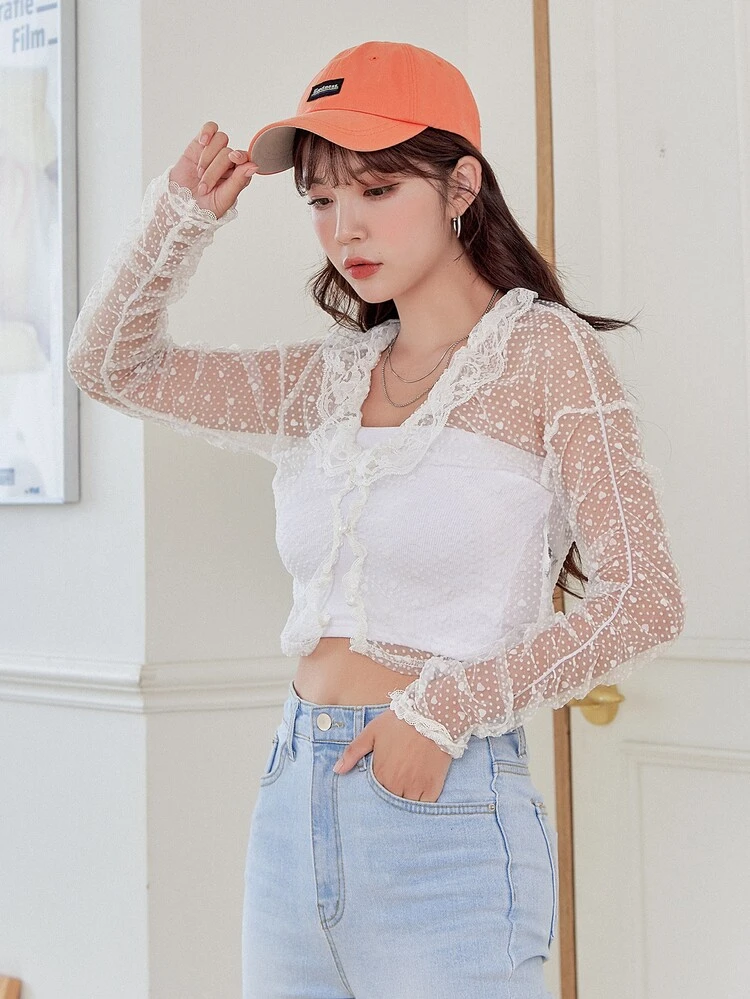 Heart Print Ruffle Sheer Lace Top Long Sleeve Women Tops,Fall Women Clothes