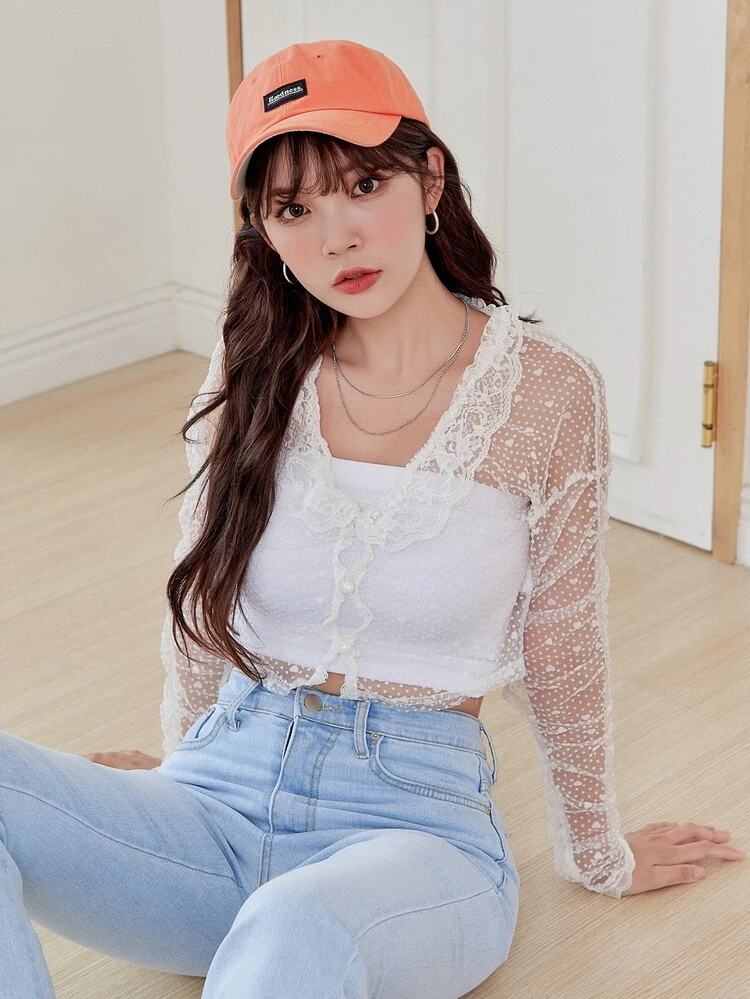 Heart Print Ruffle Sheer Lace Top Long Sleeve Women Tops,Fall Women Clothes