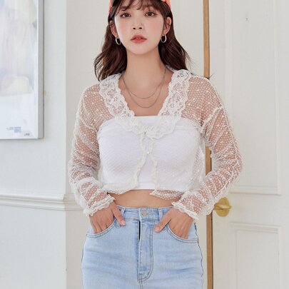 하트 프린트 러플 쉬어 레이스 긴팔 여성 탑, 가을 여성 의류