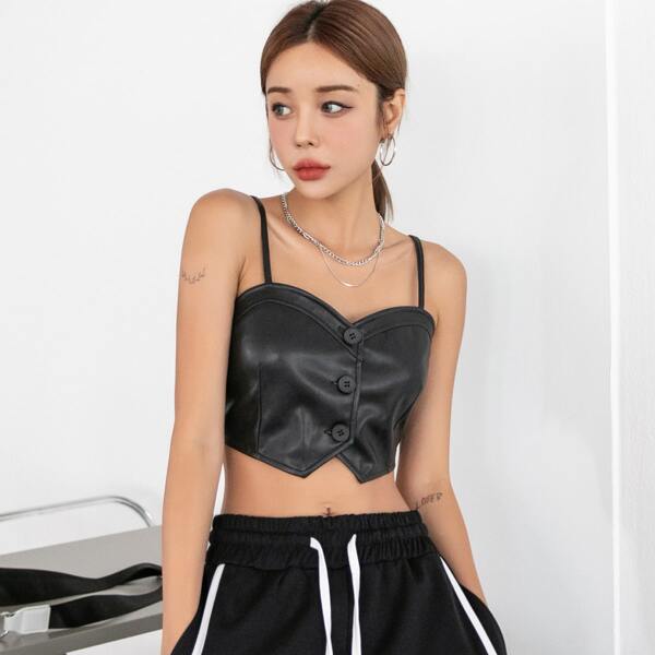 

PU Leather Button Front Cami Top, Black