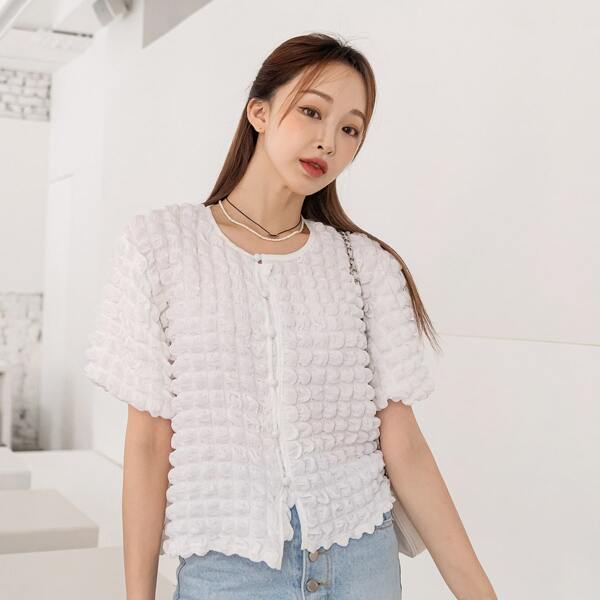 

Bishop Sleeve Popcorn Blouse, White
