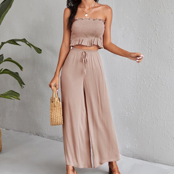 

Shirred Peplum Top With Wide Leg Pants, Apricot