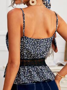 SHEIN 小碎花拼接蕾絲細節荷葉邊下擺吊帶上衣 - 彩色 - 查看 2