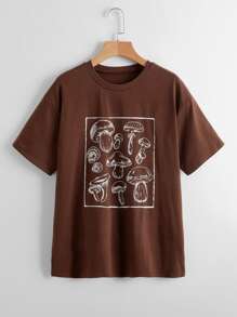 SHEIN EZwear Mushroom Print Short Sleeve Tee - Brown - View 1