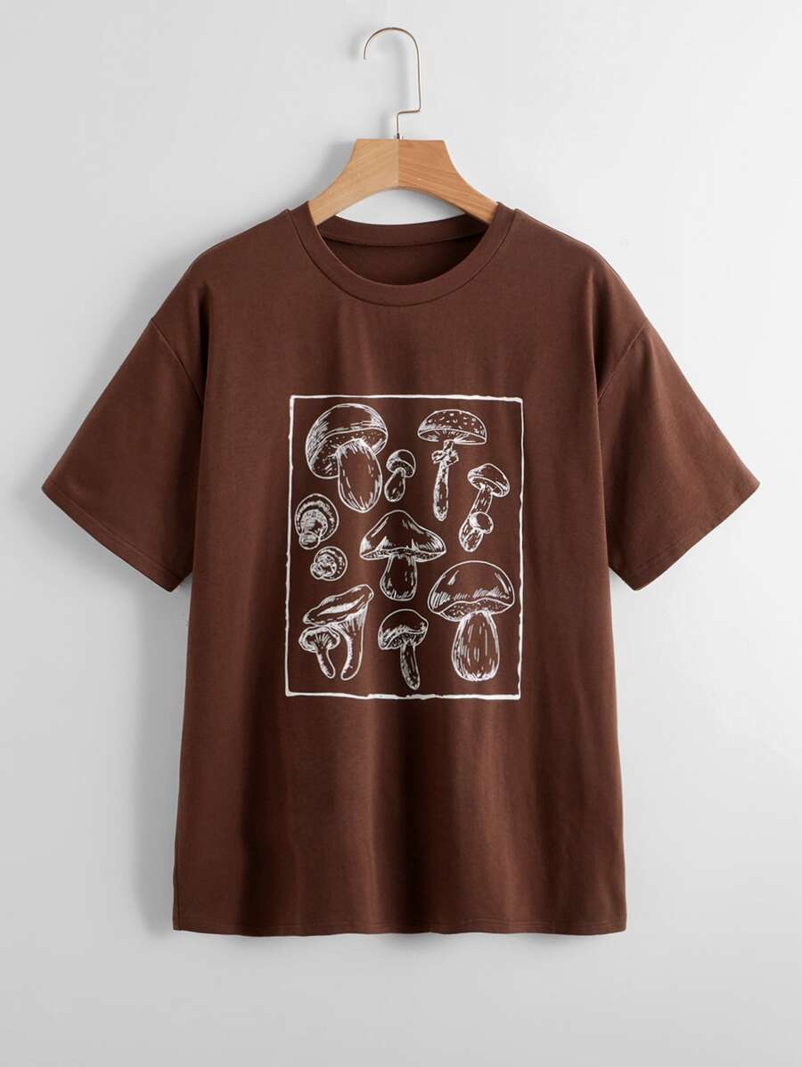 SHEIN EZwear Mushroom Print Short Sleeve Tee - Brown - View 1