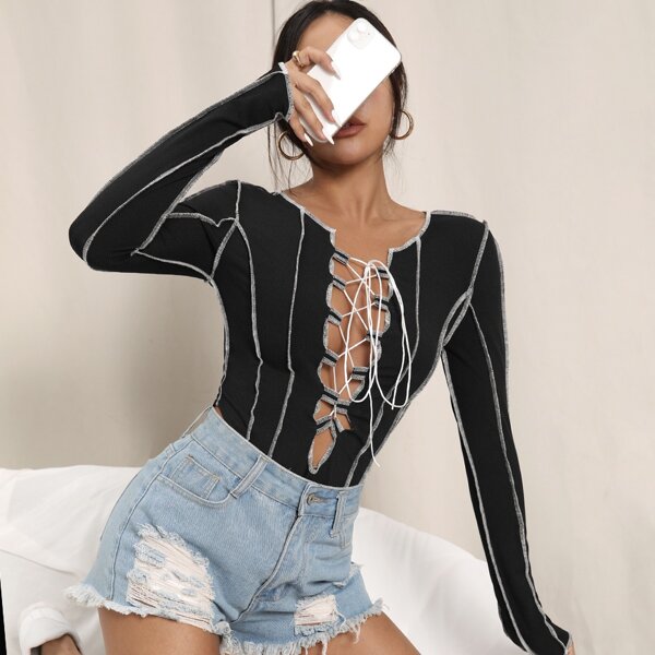 

Lace Up Front Top-stitching Bodysuit, Black