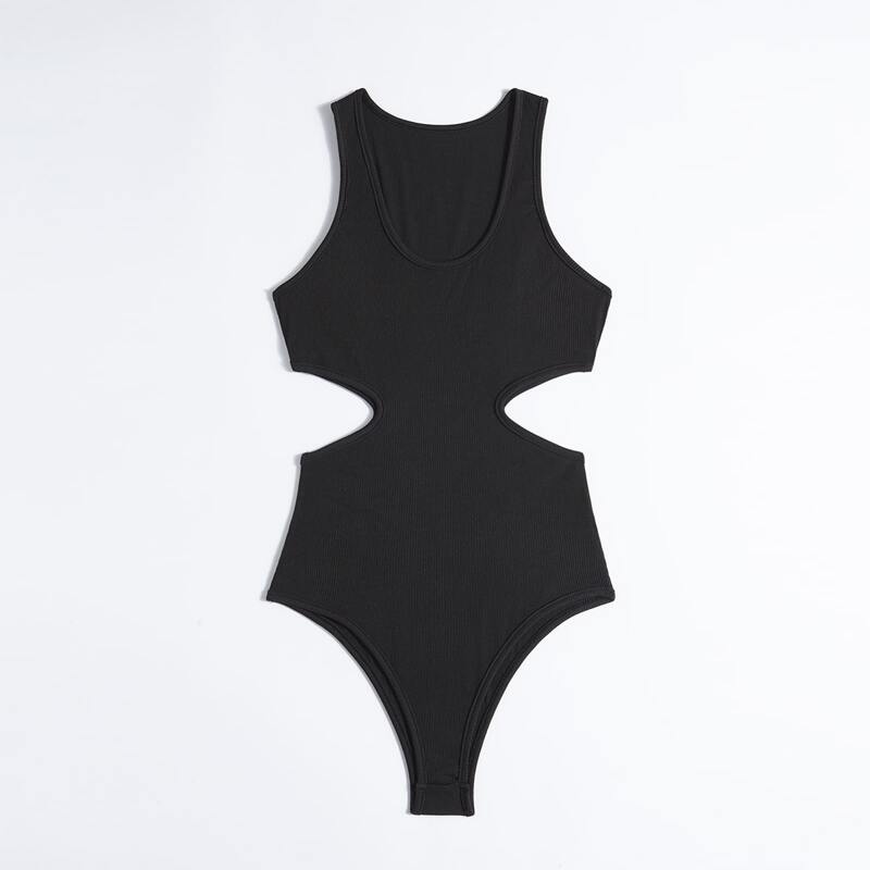 

Solid Cut Out Waist Bodysuit, Black
