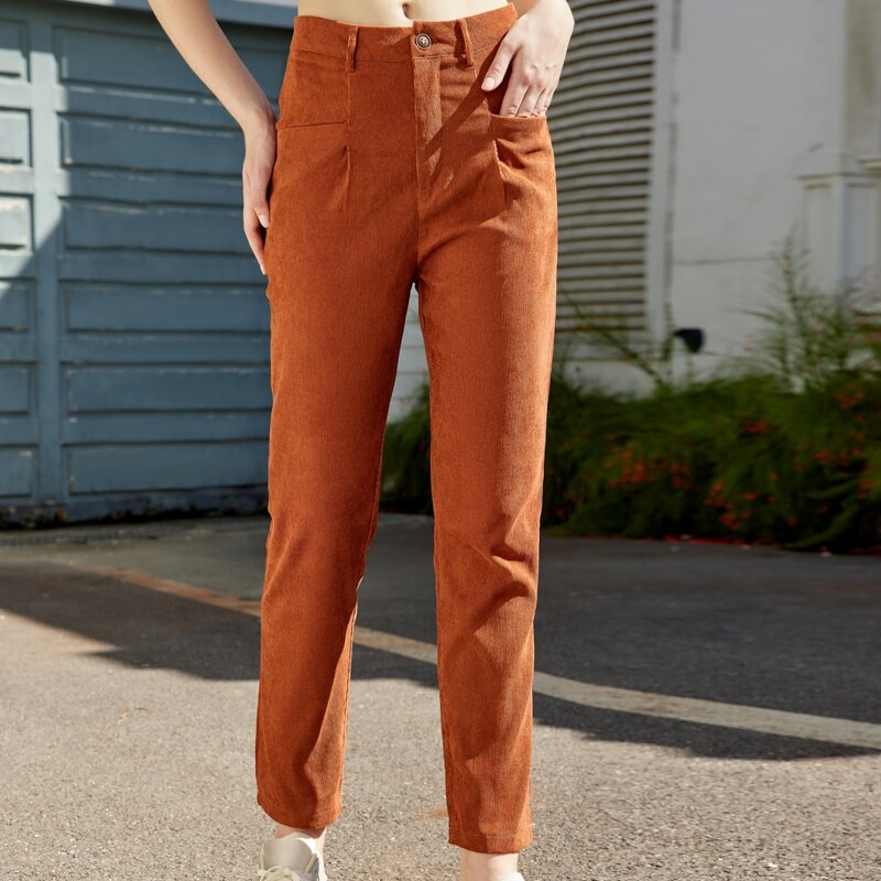 

Solid Straight Leg Corduroy Pants, Brown