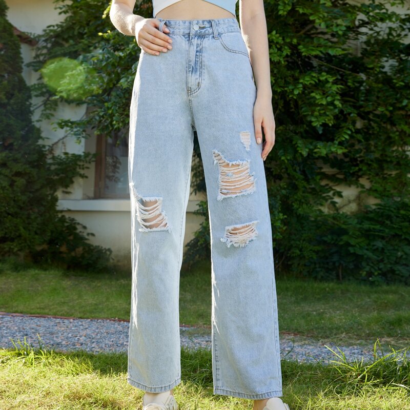 

Ripped Straight Leg Jeans, Light wash
