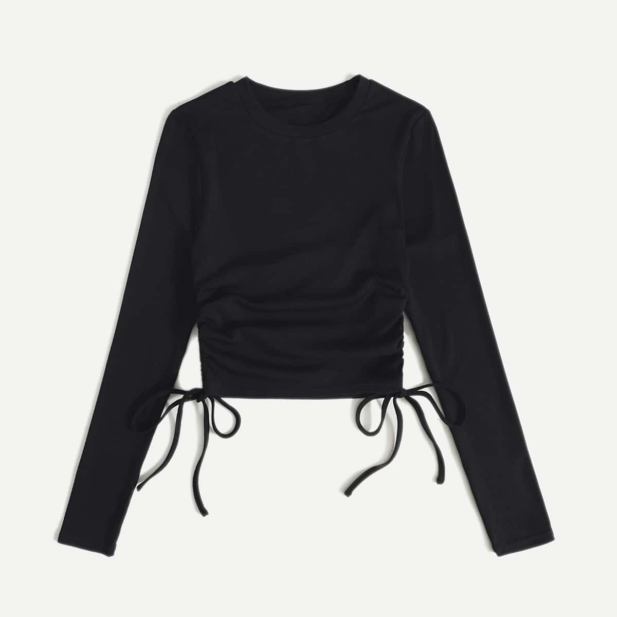 

Solid Drawstring Crop Tee, Black