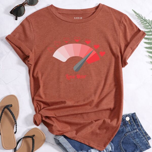 

Letter & Heart Print Tee, Rust brown
