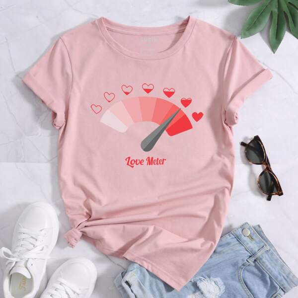

Letter & Heart Print Tee, Baby pink