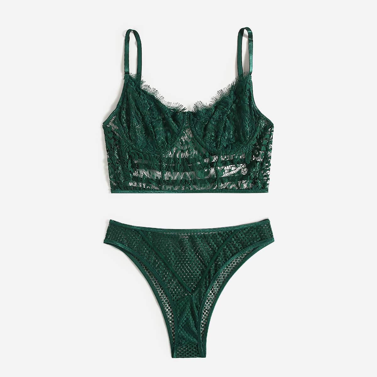 

Floral Lace Underwire Lingerie Set, Green
