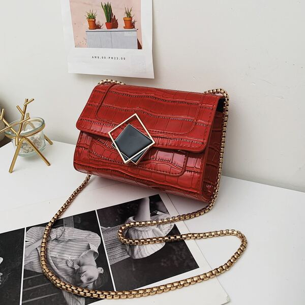 

Metal Decor Croc Embossed Flap Square Bag, Red