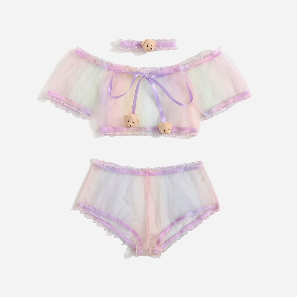 

3pack Lettuce Trim Knot Front Lingerie Set With Collar, Lilac purple