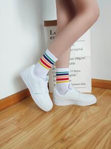 Rainbow Stripe Print Crew Socks - White - View 1