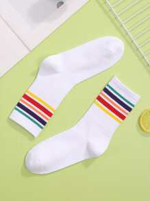 Rainbow Stripe Print Crew Socks - White - View 2