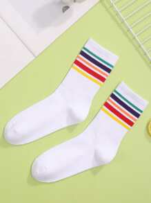 Rainbow Stripe Print Crew Socks - White - View 3