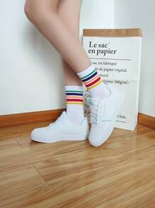 Rainbow Stripe Print Crew Socks - White - View 4